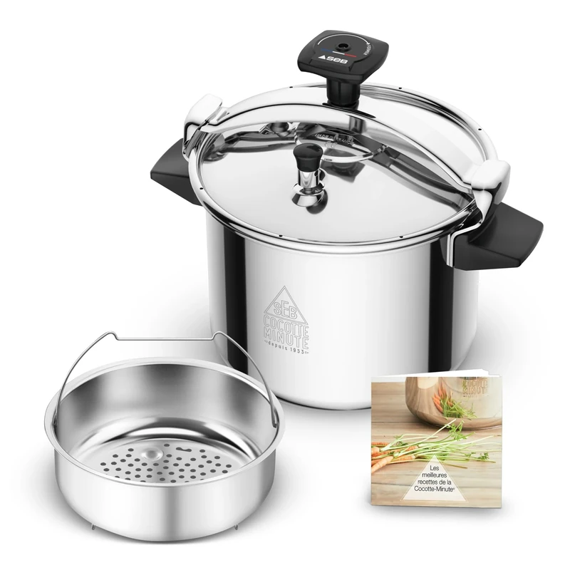 Seb Pressure cooker 9 L, 7 to 10 people, induction, healthier faster cooking, 10-year warranty, Eco-designed, safety system, recipe book, made in France, authentic Eco-Design P0534900