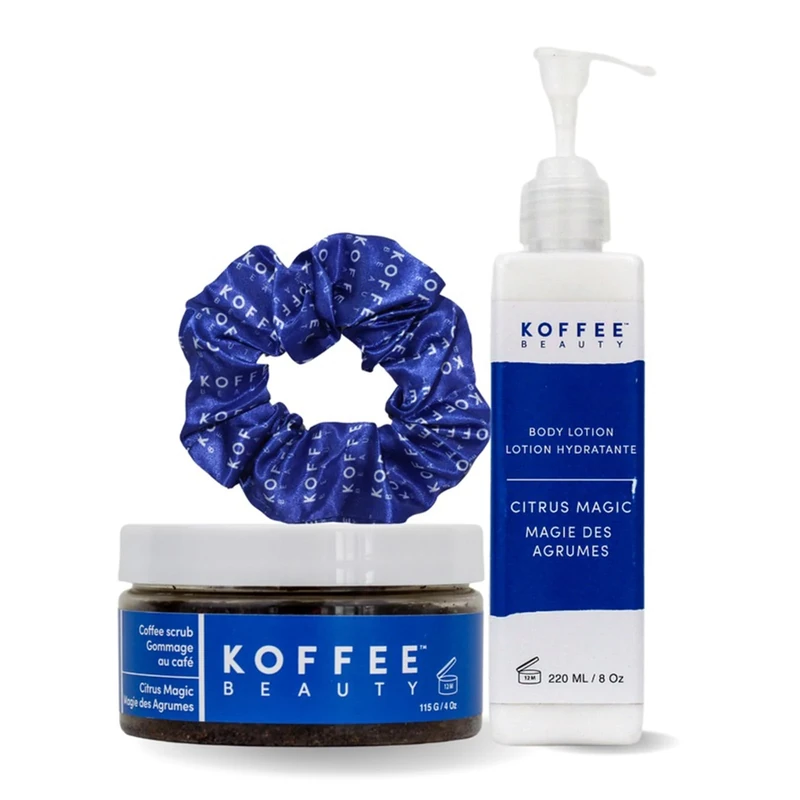 Koffee Beauty Citrus Magic Gift Set, 3 pcs - Coffee Body Scrub with Hair Scrunchie - Non-Greasy Body Lotion - Nutrient-Rich Body Exfoliator - Skin Care Gift Set for All Skin Types