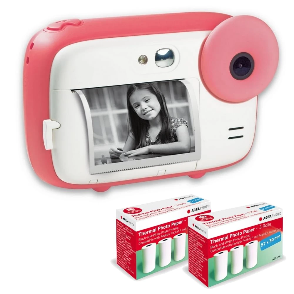 AgfaPhoto Realikids Instant Cam + 6 Rolls of Thermal Paper, ATP3WH - Instant Camera for Kids, 2.4'' LCD Display, Lithium Battery, Selfie Mirror and Photo Filter - Pink