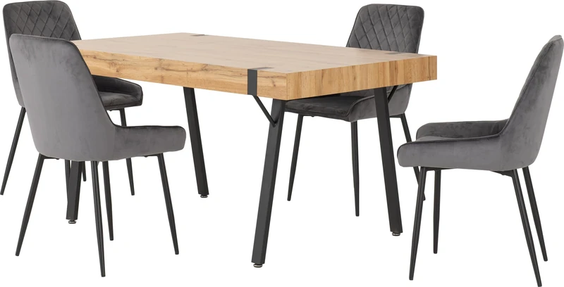 Seconique Treviso Dining Table Set with 4 Avery Dining Chairs in Light Oak Effect/Grey Velvet