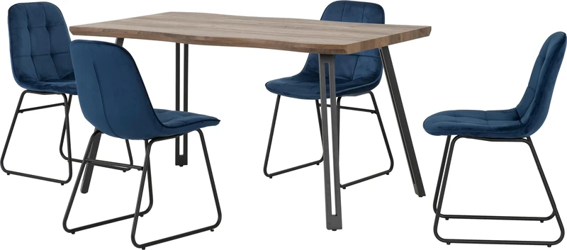 Seconique Quebec Wave Dining Table Set with 4 Lukas Dining Chairs in Medium Oak Effect/Sapphire Blue Velvet