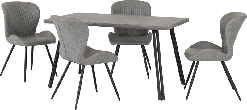 Seconique Quebec Wave Edge Dining Set with 4 Dining Chairs in Concrete Effect/Grey Pu