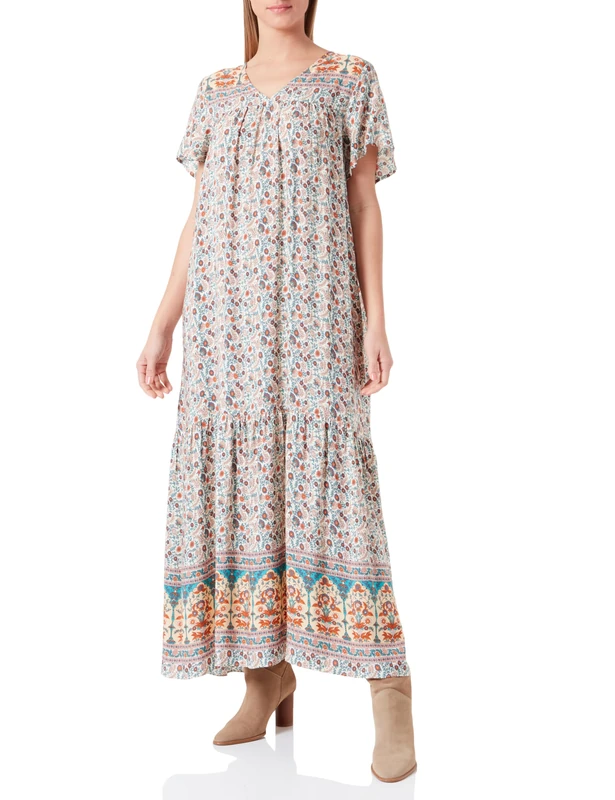 usha FESTIVAL Women's Summer Dress with Floral Print, Wool White, Multi-Coloured, L