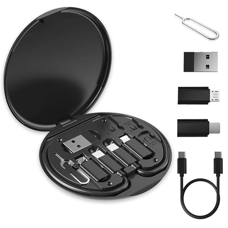 Multi USB Adapter Cable Kit, USB C to iOS Device Adapter Box, Conversion Set USB A & Type C to Male Micro/Type C/iOS Device for Data Transfer, Card Storage, Tray Eject Pin, Phone Holder-Black