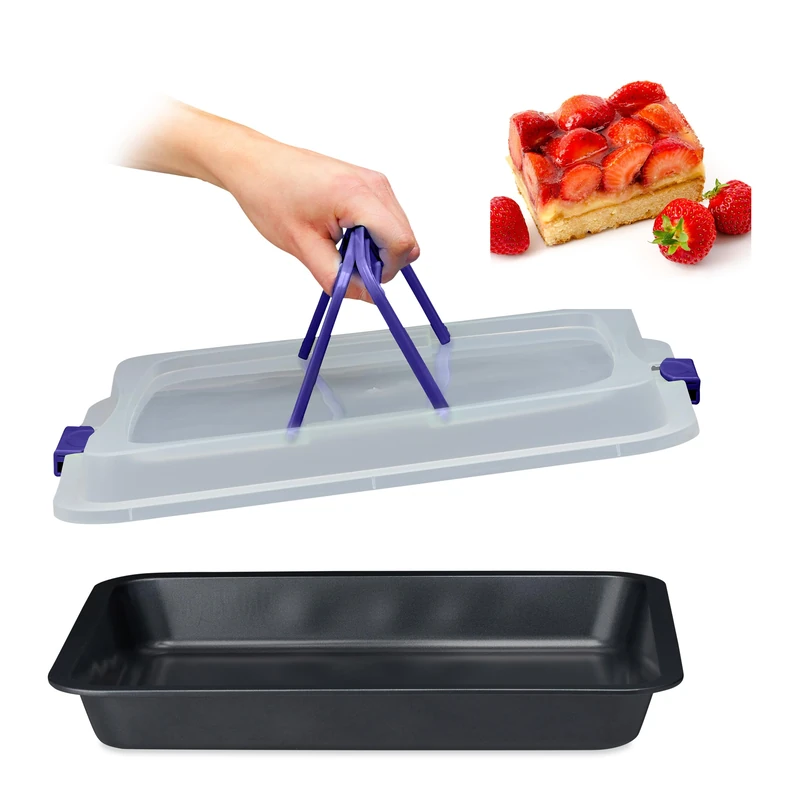 Relaxdays Baking Tray with Lid, Cake Carrier, Kitchen Storage Container with Handles, WxD: 40.5 x 32.5 cm, Black/Blue, Steel