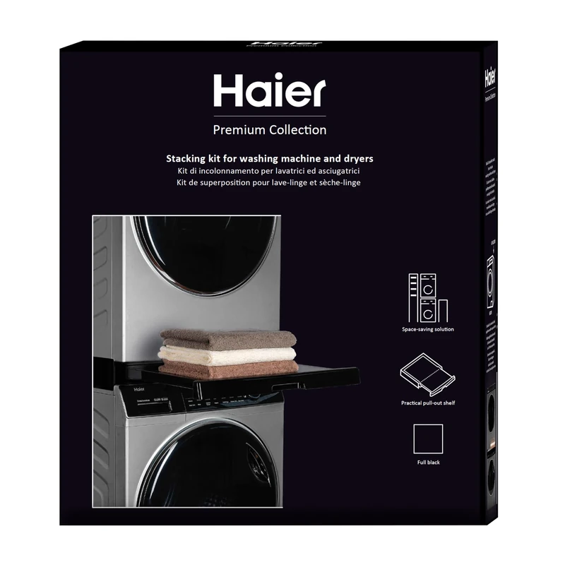 Haier Premium Universal Stacking Kit for Washing Machines and Tumble Dryers - Space-Saving - with Black Anti-Tipping Sliding Shelf - Perfect for Haier Black Washing Machines and Tumble Dryers