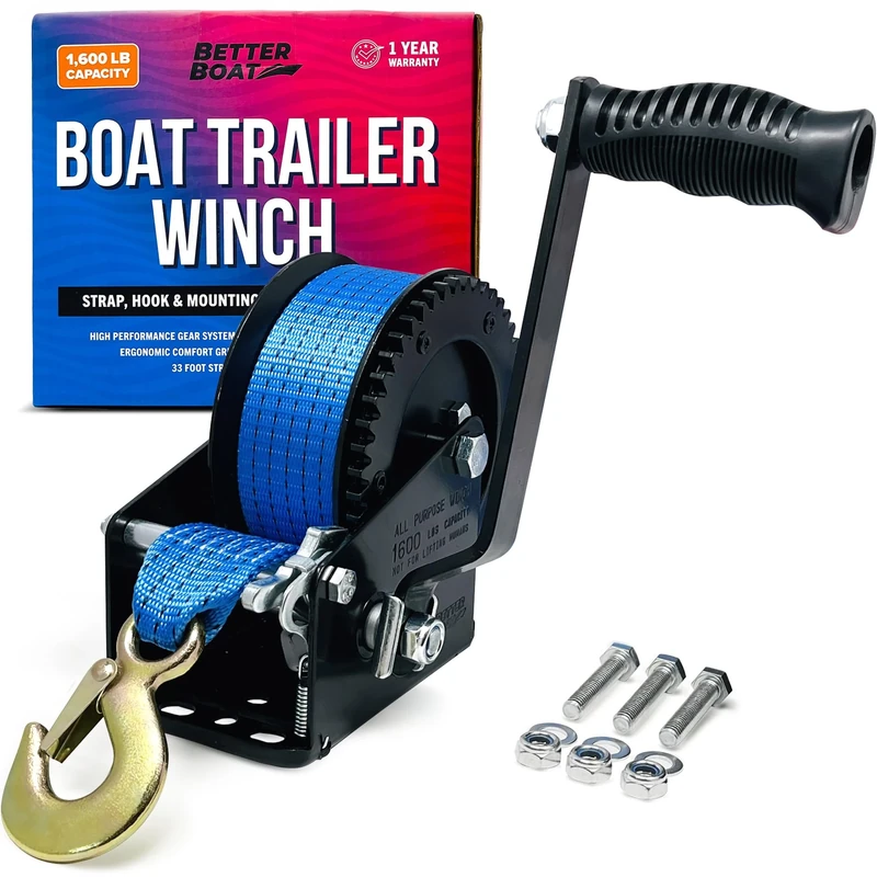 Boat Trailer Winch with Boat Winch Strap with Hook Manual Hand Winch Strap Heavy Duty Trailer Winches Hand Crank for Pulling Boat Parts for Trailers Car or Truck Towing One Speed Ratchet Gear 1600 lb