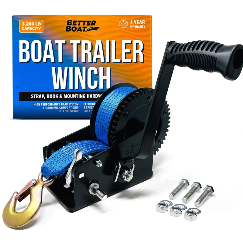 Boat Trailer Winch with Boat Winch Strap with Hook Manual Hand Winch Strap Heavy Duty Trailer Winches Hand Crank for Pulling Boat Parts for Trailers Car or Truck Towing One Speed Ratchet Gear 3200 lb