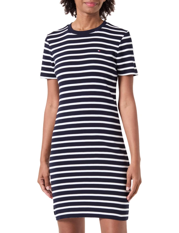 Tommy Hilfiger Women's New Cody Slim Short Cotton Dress, Multicolor (Breton Ecru/Desert Sky), XXS