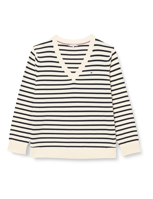 Tommy Hilfiger Women's CRV Co Jersey Stitch V-nk SWT Ww0ww42514 Pullovers, White (Ivory Petal/Deseret Sky STP), 54