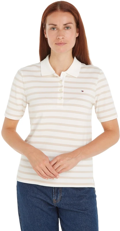 Tommy Hilfiger Women's Short Sleeve Slim Fit Striped Polo Shirt, White (Breton STP/Ecru/Classic Beige), XL
