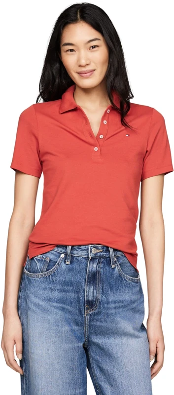 Tommy Hilfiger Women's Short Sleeve Slim Fit Polo Shirt, Red (Terra Red), L