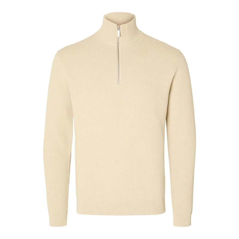 SELETED HOMME Men's Slhdane LS Knit Structure Half Zip Noos Knitted Jumper, Oatmeal, M - Image 1