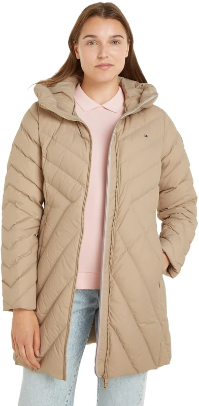 Tommy Hilfiger Women's Chevron Down Coat with Hood, Beige (Beige), XL