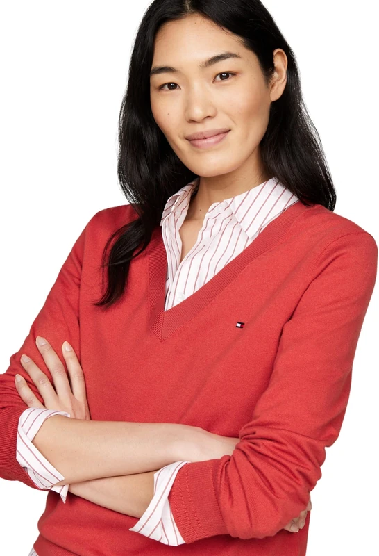 Tommy Hilfiger Women's V-Neck Jersey Jumper, Red (Terra Red), XXS