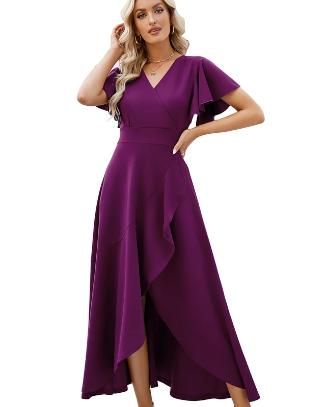 ZZV Long Black Formal Dresses for Women Gowns Evening Party Cocktail Dress,Split Elegant V Neck Wrap Ruffle Wedding Guest Dresses, Purple, XXL