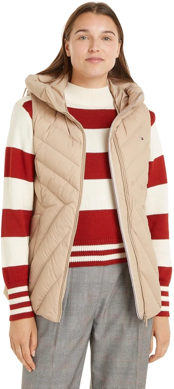 Tommy Hilfiger Women's Chevron Quilted Gilet with Hood, Beige (Beige), XL