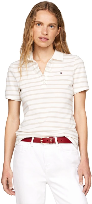 Tommy Hilfiger Women's Short Sleeve Slim Fit Striped Polo Shirt, White (Breton STP/Ecru/Classic Beige), S
