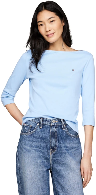 Tommy Hilfiger Women's Long Sleeve Slim Fit Boat Neck Top, Blue (Vessel Blue), XXS