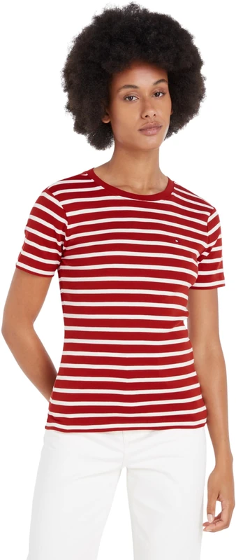 Tommy Hilfiger Women's New Slim Cody C-nk Ss Ww0ww40587 S/S Knit Tops, Red (Breton STP/Dark Magma/Ecru), XXS