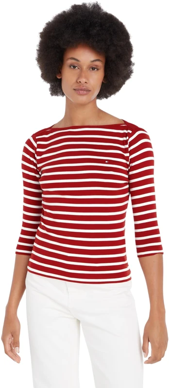 Tommy Hilfiger Women's Long Sleeve Slim Fit Boat Neck Top, Multicolor (Breton STP/Dark Magma/Ecru), XXS