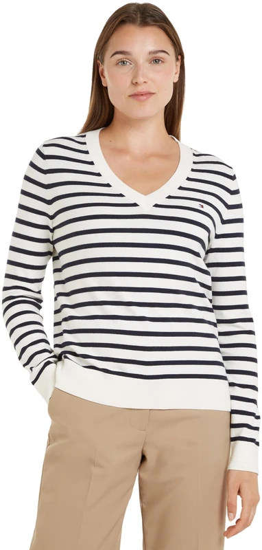 Tommy Hilfiger Women's V-Neck Jersey Jumper, Multicolor (Ivory Petal/Desert Sky STP), XXS