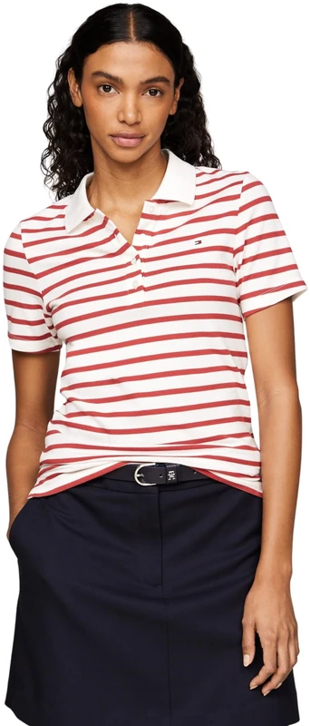 Tommy Hilfiger Women's Short Sleeve Slim Fit Striped Polo Shirt, Multicolor (Breton STP/Ecru/Terra Red), M