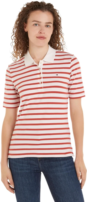 Tommy Hilfiger Women's Short Sleeve Slim Fit Striped Polo Shirt, Multicolor (Breton STP/Ecru/Terra Red), L