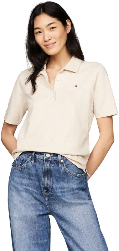 Tommy Hilfiger Women's Regular Fit Short Sleeve Polo Shirt, Beige (Classic Beige), XXS