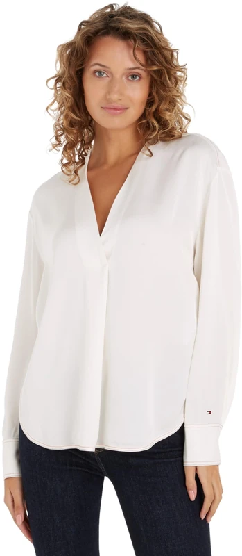 Tommy Hilfiger Women's V-Neck Stitch Blouse, Beige (Ancient White), 16