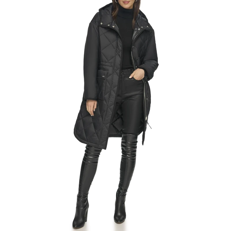 DKNY Women's Button Down Long Quilted Coat, Black, L