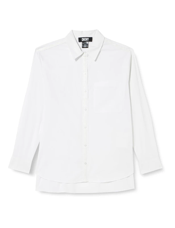 DKNY Women's Logo Tape Elongated top Button Down Shirt, White/White, S