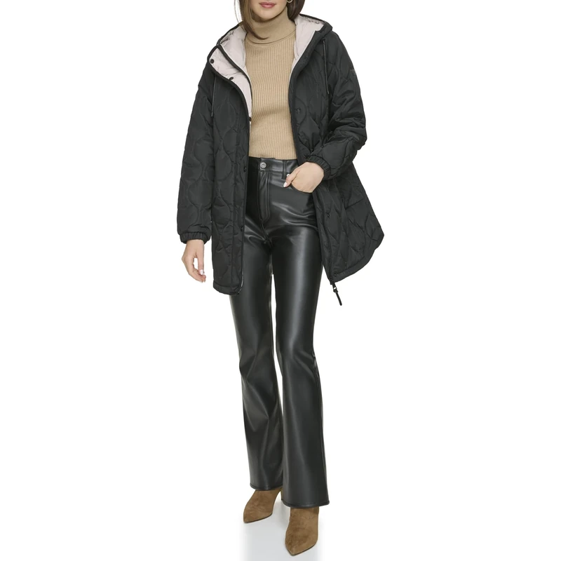 DKNY Women's Zip Front Quilted Coat with Hood, Black, S