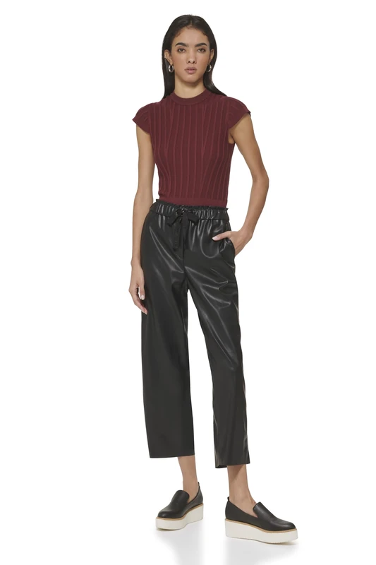 DKNY Women's Butter Pu Wide Leg Trousers Casual Pants, Black, L
