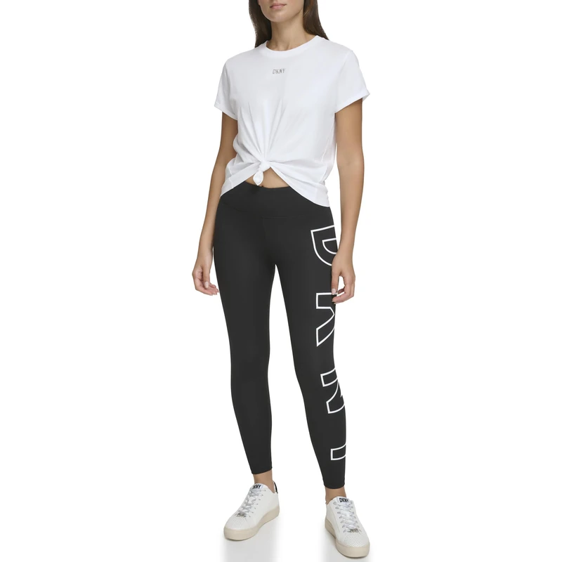 DKNY SPORT Women's High Waist 7/8 Length Exploding Logo Legging, White, XS