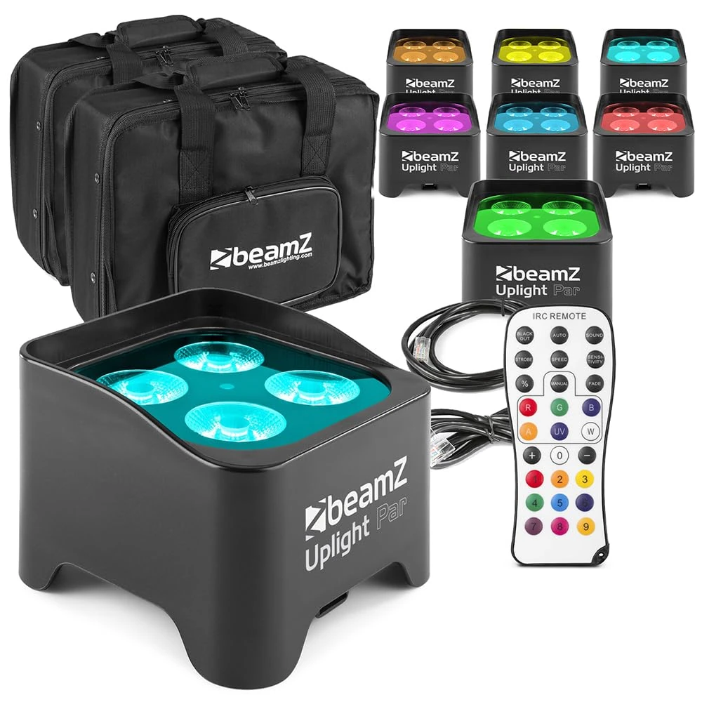BeamZ BBP90 Wireless Battery Uplighters (x8) with RGB-UV Colour LED Wash Effect, DMX, Remote Control and Padded Soft Carry Cases