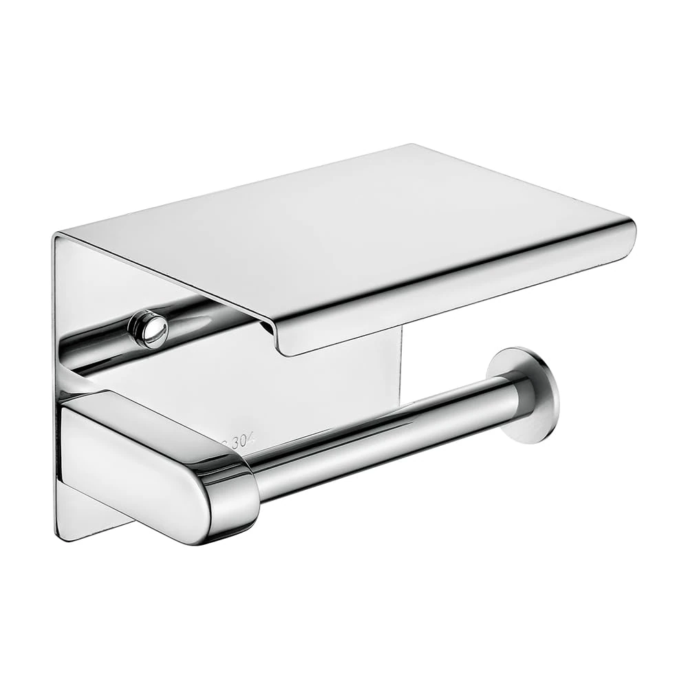 Ibergrif MK34050 Toilet Roll Holder Wall Mounted, Toilet Paper Holder with Shelf, Self Adhesive Toilet Tissue Holder, Drilling & No Drilling for Bathroom, Toilet, Kitchen, Stainless Steel, Silver