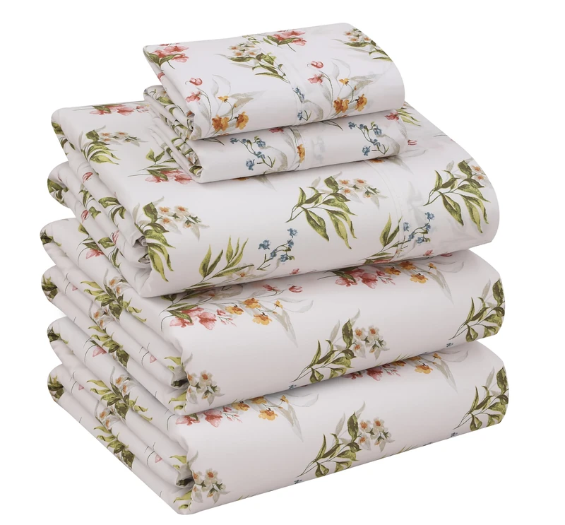 Ruvanti 100% Cotton Split King Sheets Sets for Adjustable Bed, 5 PCs, Soft & Breathable Percale Weave Bedding, Deep Pocket 16", Hotel Standard, Crisp Cool Feel & Durable, Floral Sheet, Floral Bliss