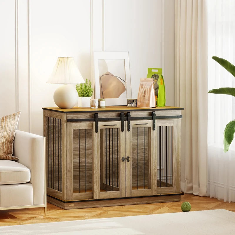 PawHut Dog Crate Furniture for Large Dog, Double Dog Cage for Small Dogs with Divider, Sliding Doors - Oak Tone