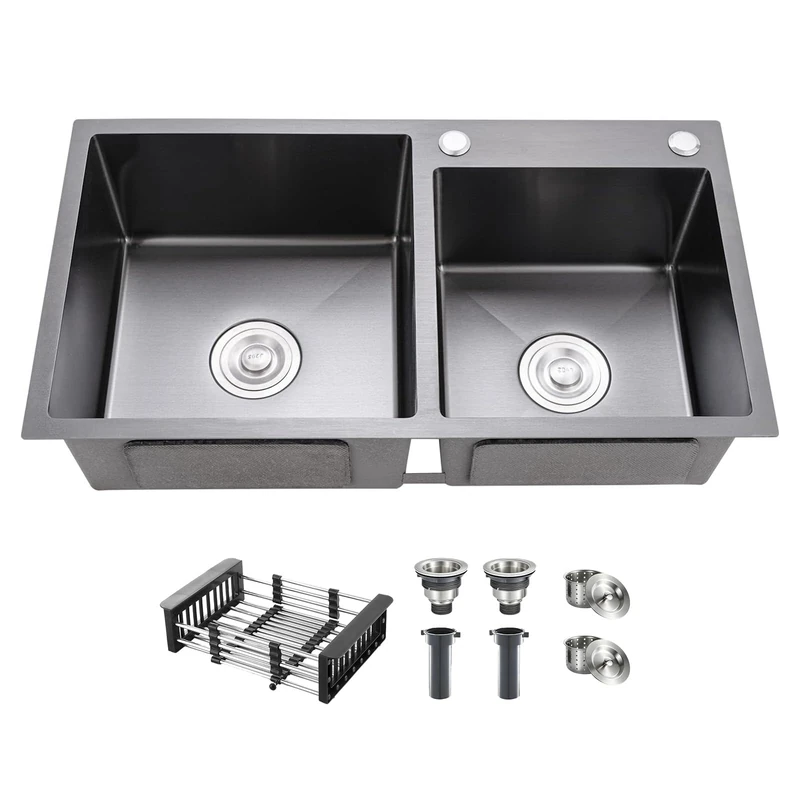 DuyviSteil Double Bowl Kitchen Sink 30.7 x 16.9 Undermount & Drop-in Kitchen Sink with Modern Stainless Steel Design (Black)
