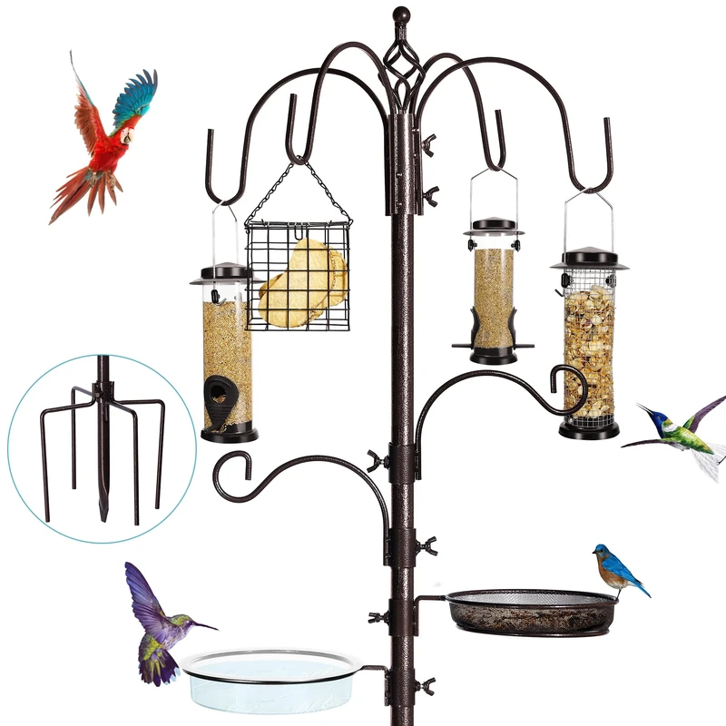 YINGYM 6-Hook Bird Feeding Station Kit Wild Bird Feeder Pole, Steel Multi-Feeder Kit Stand w/ 4 Bird Feeders, Bird Bath and Mesh Tray, 94 Inch