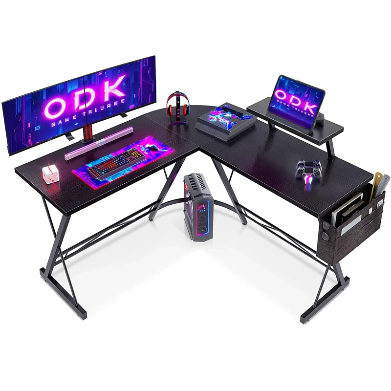 ODK L Shaped Gaming Desk with Monitor Stand - 127x127 cm, Black