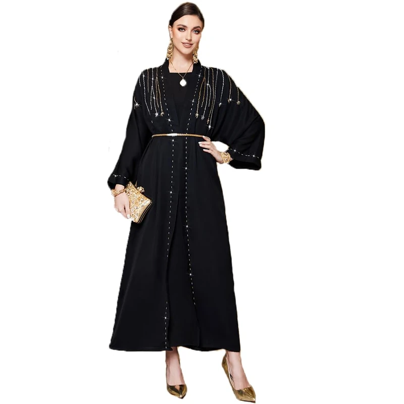 PolyJolly Embroidery Jalabiya Chiffon Abaya Dress for Women Dubai Sadui Muslim Eid Clothes with Headwrap, Black3135, S