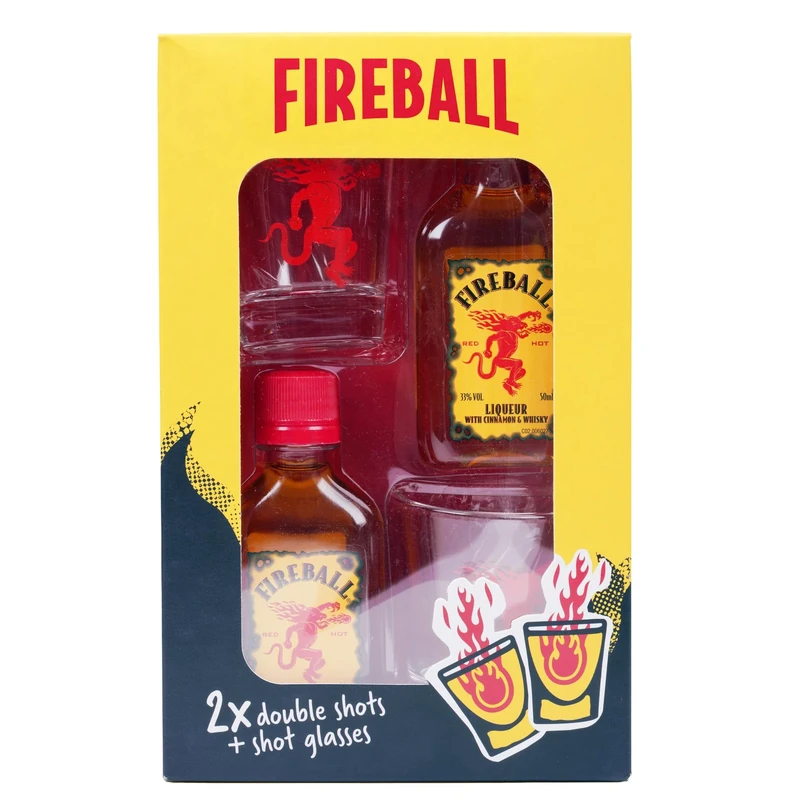 Fireball Whisky Gift Pack Contains 2 x 50ml Bottles of Cinnamon Whisky 33% ABV and Two Red Dragon Shot Glasses Limited Edition for Birthday Gifts, Christmas Gifts Stocking Fillers By Blue Tree Gifts