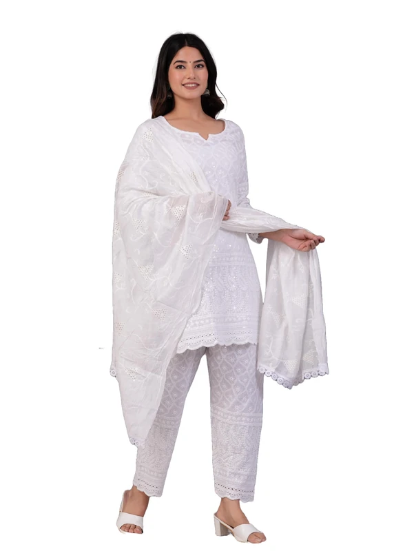 JG JAI GOVINDAM Indian Kurtis for Women Pakistani Salwar Kameez Suit Set Indian Dresses Chikankari White Kurti Pant & Dupatta Set (L) - Image 1