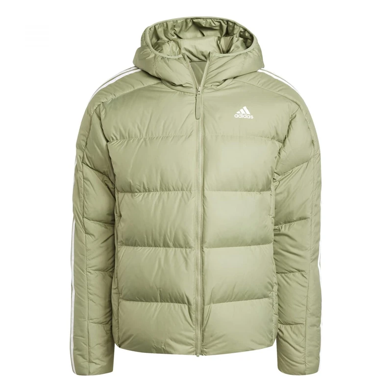 adidas Men's Essentials Midweight Down Hooded Stripes Jacket, TENT GREEN F16, M - Image 1