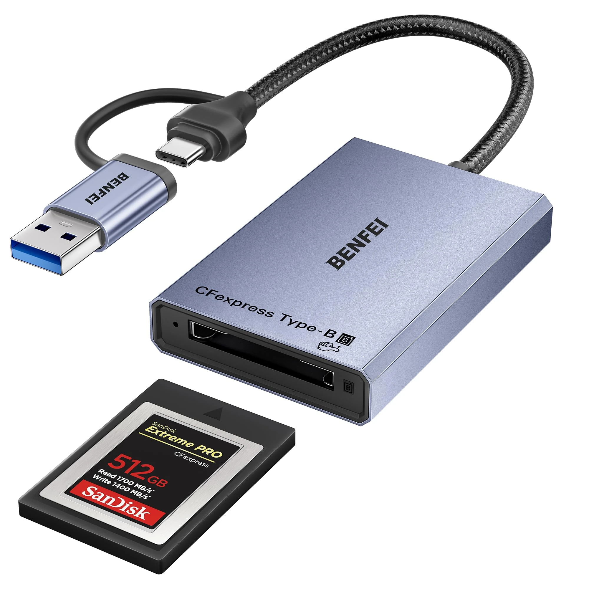 BENFEI CFexpress Card Reader 10Gbps, USB-C/USB-A 2-in-1 Type B CFexpress Adapter Compatible with Windows/Mac/Linux/Android