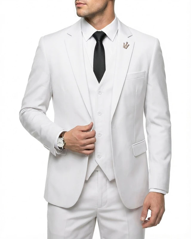 Hihawk Men's 3 Piece Suit with Stretch Fabric, Solid Slim Fit One Button Suit Blazer Set, Jacket Vest Pants with Tie., Pure White, S