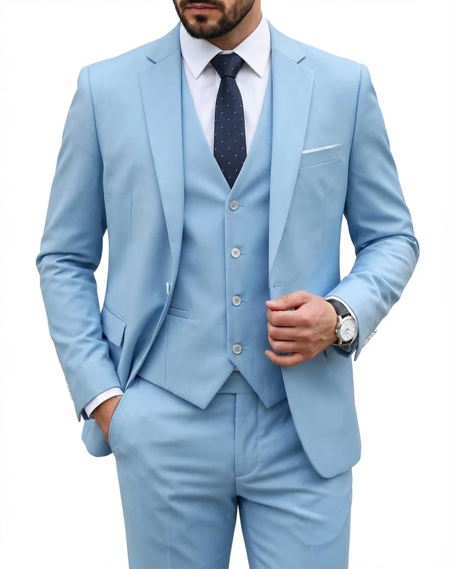 Hihawk Men's 3 Piece Suit with Stretch Fabric, Solid Slim Fit One Button Suit Blazer Set, Jacket Vest Pants with Tie., Sky Blue, XL