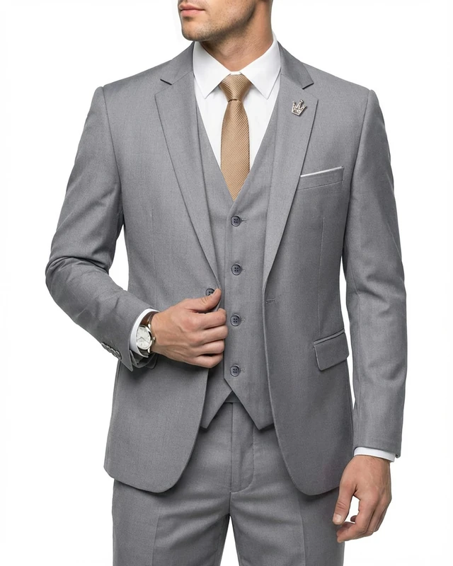 Hihawk Men's 3 Piece Suit with Stretch Fabric, Solid Slim Fit One Button Suit Blazer Set, Jacket Vest Pants with Tie., Grey, M